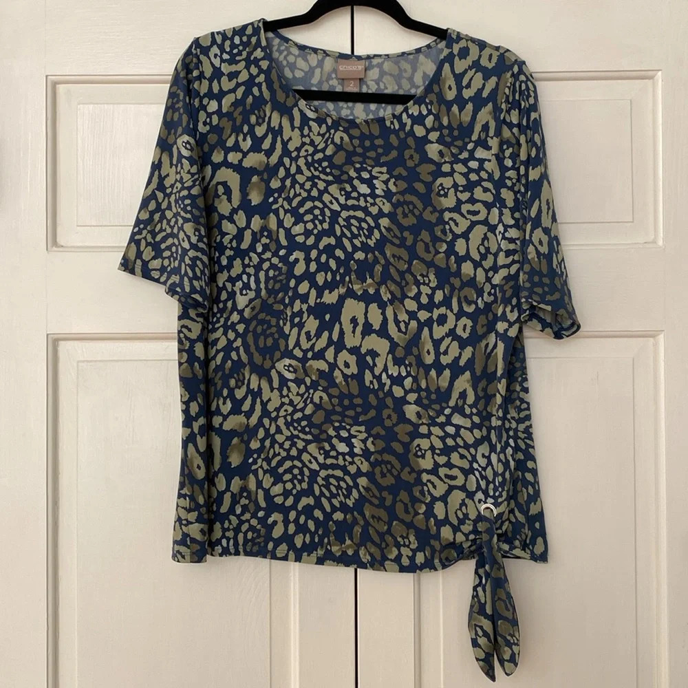 Chico’s Size 2 Green Blue‎ Leopard Print Animal Print Tie Blouse Chicos Large